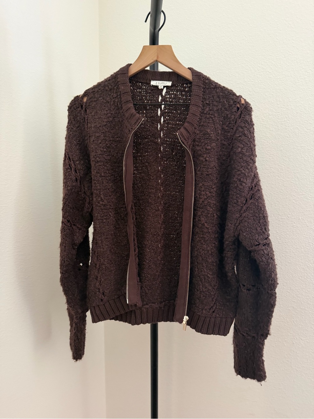 Z Supply Chocolate Brown Open-Knit Zip Cardigan - Picture 5 of 7